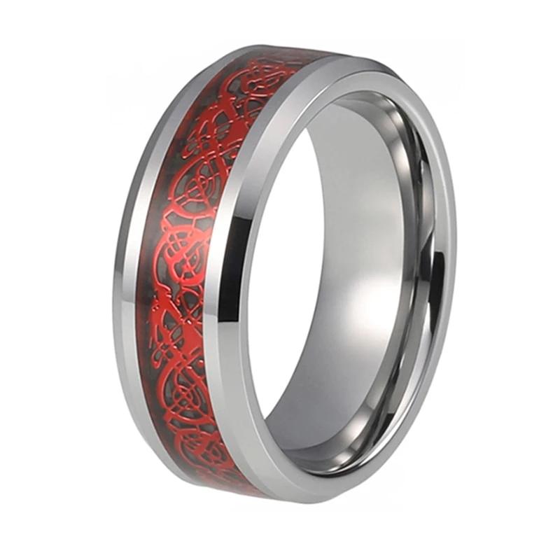 Silver Celtic Dragon Tungsten Ring with Red Carbon Fiber Inlay