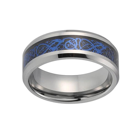 8mm Silver Celtic Dragon Tungsten Ring with Blue Carbon Fiber Inlay for Men and Women