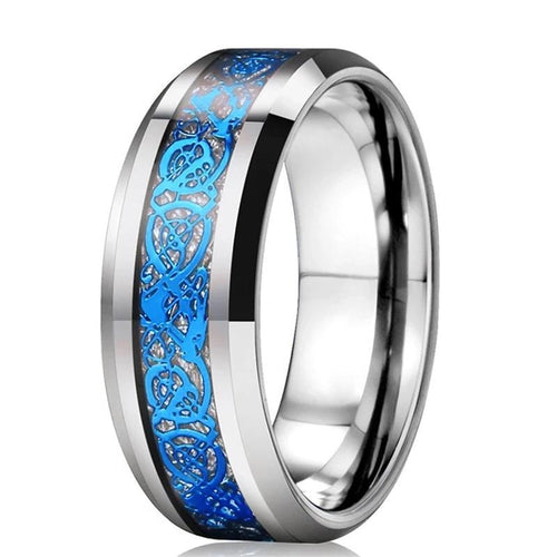 Silver Celtic Dragon Tungsten Ring with Blue Carbon Fiber Inlay