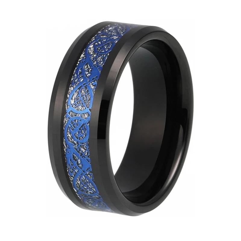 Black Celtic Dragon Tungsten Ring with Blue Carbon Fiber Inlay