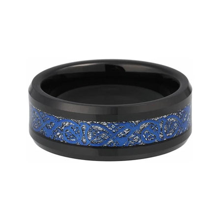 8mm Black Celtic Dragon Tungsten Ring with Blue Carbon Fiber Inlay for Men and Women