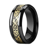 Black Celtic Dragon Tungsten Ring with Gold Carbon Fiber Inlay