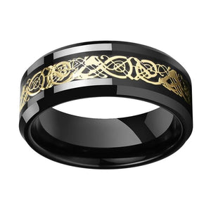 Black Celtic Dragon Wedding Band with Gold Carbon Fiber Inlay