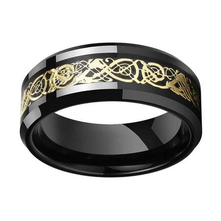 8mm Black Celtic Dragon Tungsten Ring with Gold Carbon Fiber Inlay for Men and Women