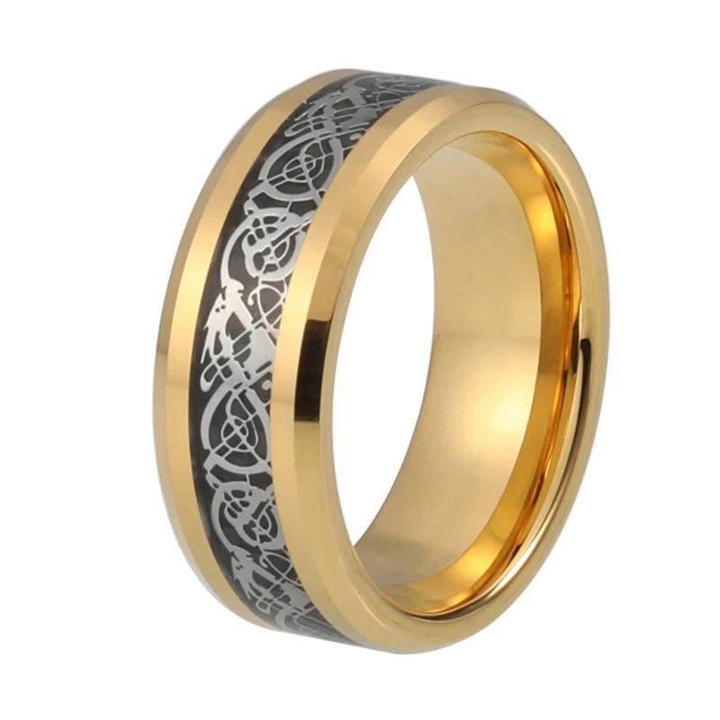 Yellow Gold Celtic Dragon Tungsten Ring with Black Carbon Fiber Inlay