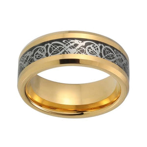 Yellow Gold Celtic Dragon Wedding Band with Black Carbon Fiber Inlay