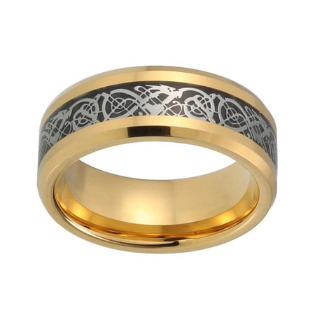 8mm Yellow Gold Celtic Dragon Tungsten Ring with Silver Carbon Fiber Inlay for Men and Women