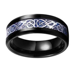 Black Celtic Dragon Wedding Band with Blue Carbon Fiber Inlay