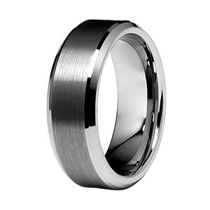 Classic Silver Tungsten Ring with Matte Brushed Finish and Beveled Edges