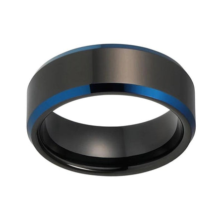 Black Polished Tungsten Ring with Shiny Blue Edges for Men and Women