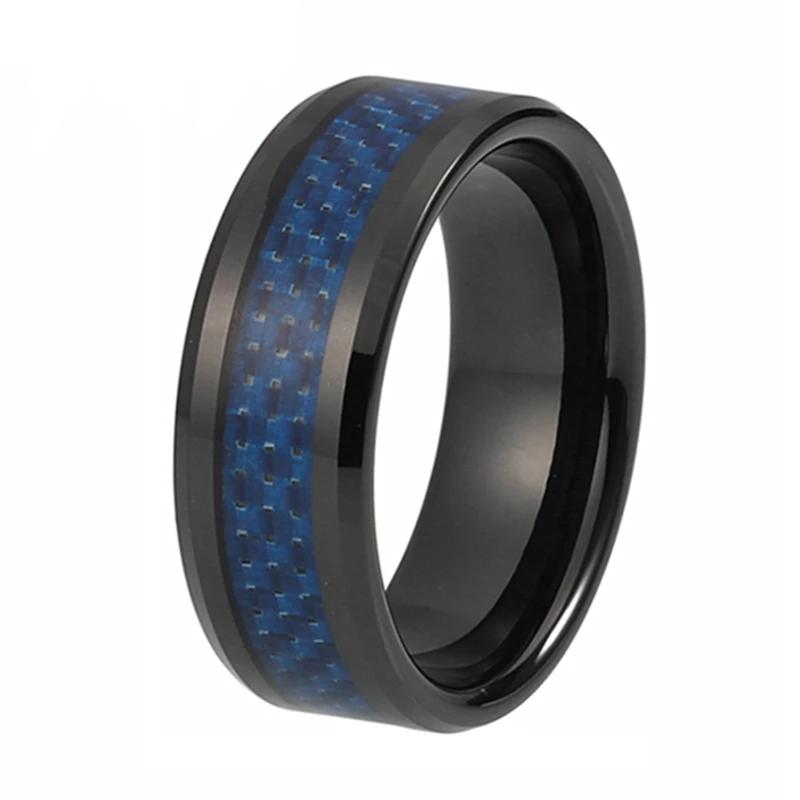 Black Tungsten Ring with Blue Carbon Fiber Inlay
