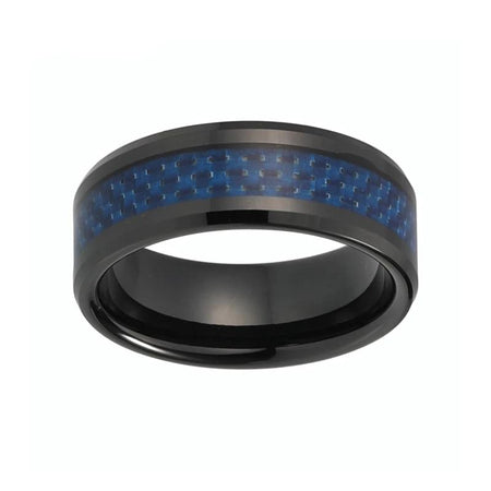 Black Tungsten Ring with Blue Carbon Fiber Inlay for Men and Women
