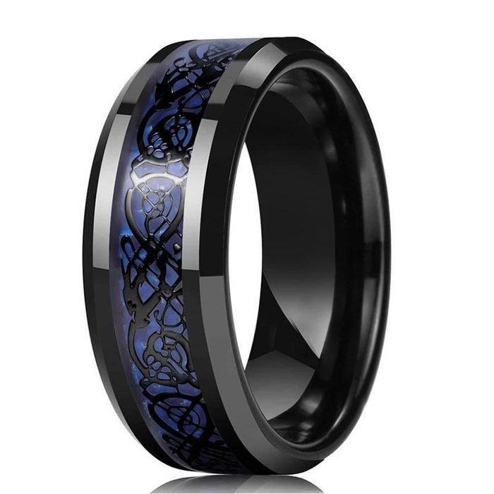 Black Celtic Dragon Tungsten Ring with Blue Carbon Fiber Inlay