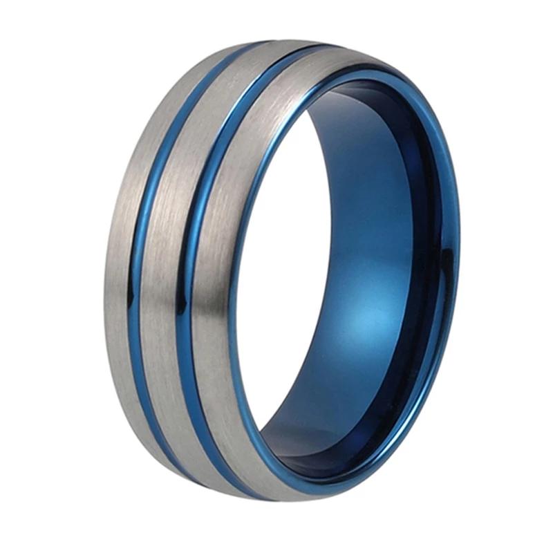 Blue Tungsten Ring with Multi Grooved Brushed Silver Finish