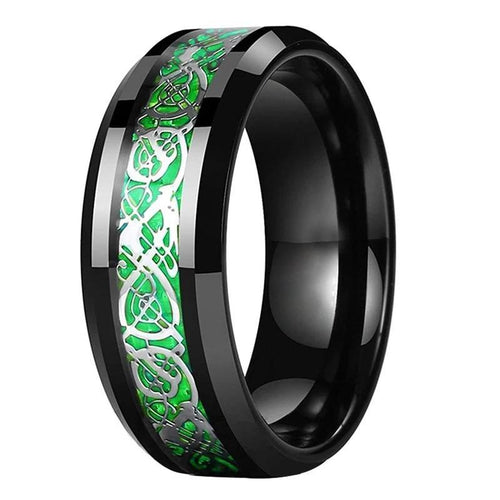 Black Celtic Dragon Tungsten Ring with Green Carbon Fiber Inlay