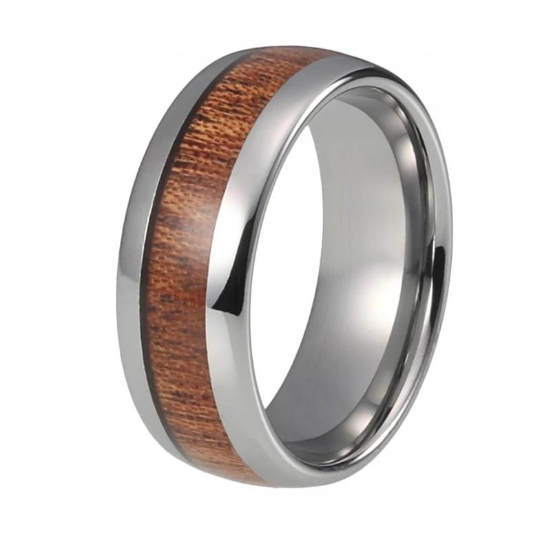 Silver Tungsten Ring with Wood Inlay and Shiny Edges
