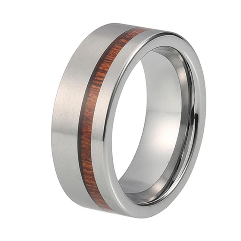 Silver Pipe Cut Design Tungsten Ring with Wood Inlay in 8mm Width