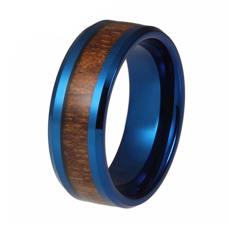 Blue Tungsten Ring with Wood Inlay and Shiny Edges