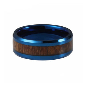 Blue Wedding Band with Wood Inlay and Shiny Edges