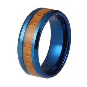 Blue Tungsten Ring with Wood Inlay