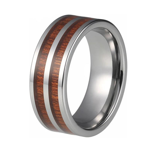 Silver Tungsten Ring with Koa Wood Inlay