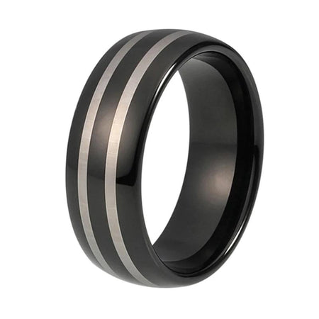 Black Tungsten Ring with Silver Polished Lines