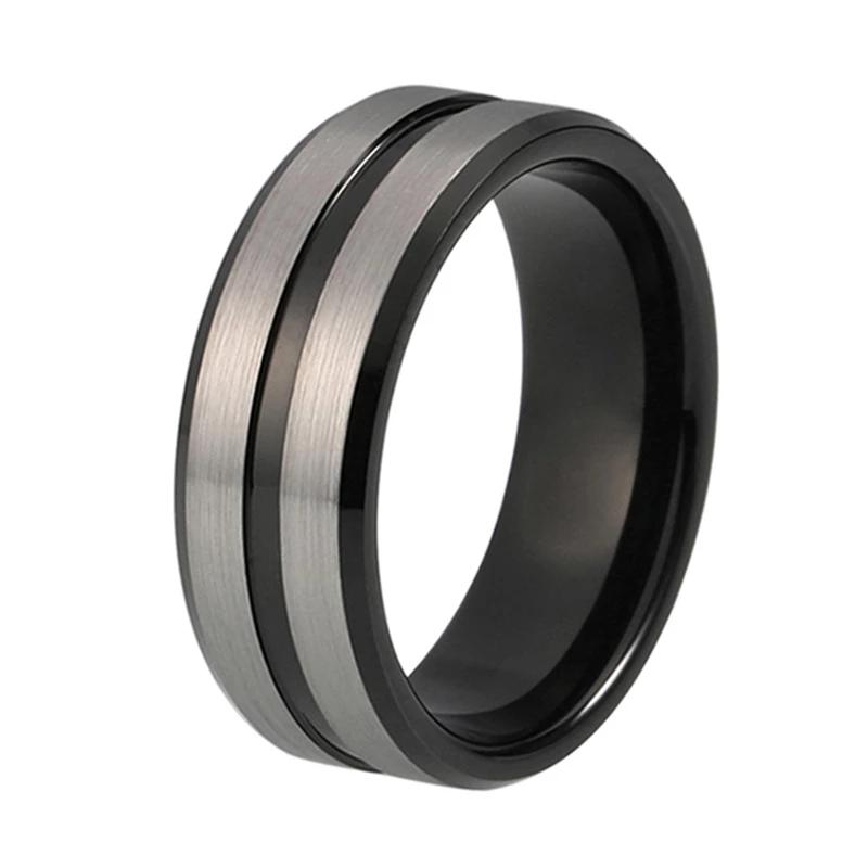 Black Tungsten Ring with Grooved Silver Matte Finish 