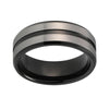 Black Wedding Band with Grooved Silver Matte Finish 