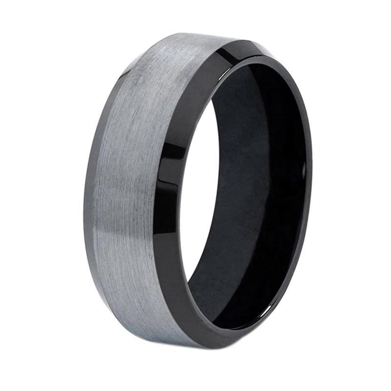 Black Tungsten Ring with Silver Brushed Center
