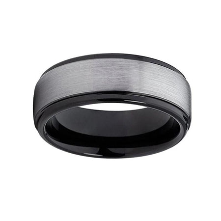 Black Tungsten Ring with Center Polished Silver Finish and Stepped Edges for Men and Women