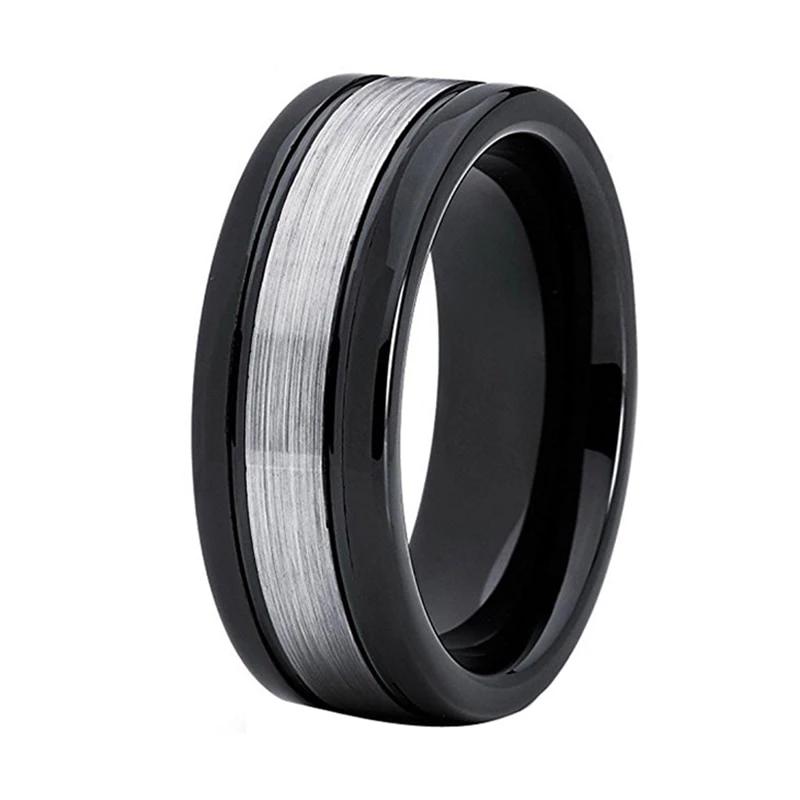 Black Tungsten Ring with Silver Polished Center
