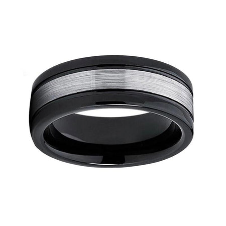 Black Tungsten Ring with Center Polished Silver Finish for Men and Women
