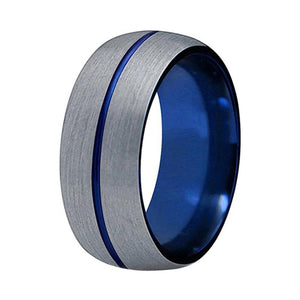 Blue Tungsten Ring with Center Grooved Silver Finish