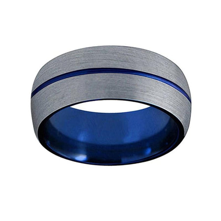 Blue Tungsten Ring with Center Groove and Silver Plated Matte Finish for Men and Women