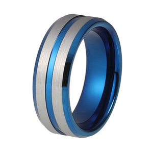 Blue Grooved Tungsten Ring with Silver Matte Finish