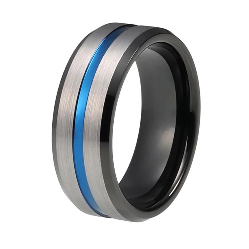 Black Tungsten Ring with Blue Grooved Center and Matte Finish Silver Surface