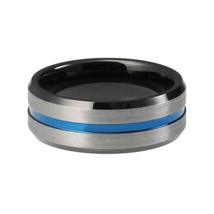 Black Wedding Band with Blue Grooved Center and Matte Finish Silver Surface