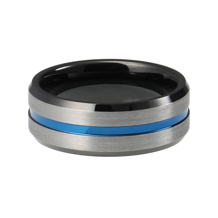 Black Tungsten Ring with Center Grooved Blue Line and Silver Plated Finish for Men and Women