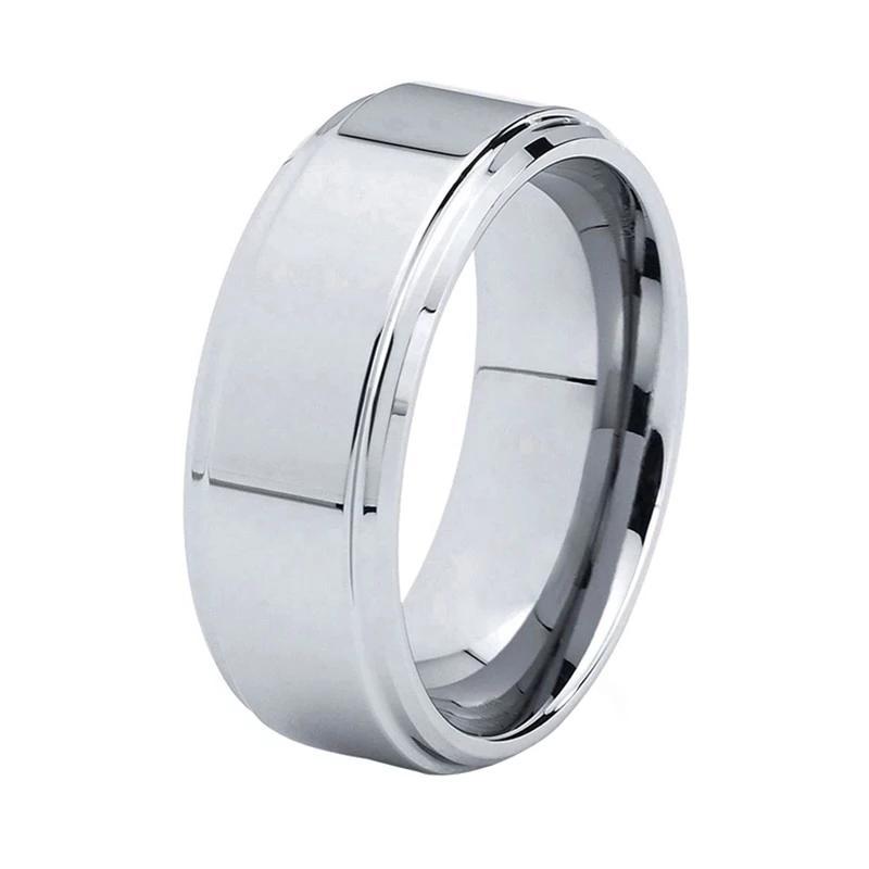 Classic Silver Tungsten Ring with Shiny Beveled Edges in 8mm width