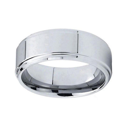 Silver Tungsten Ring with Shiny Polished Finish and Beveled Edges for Men and Women