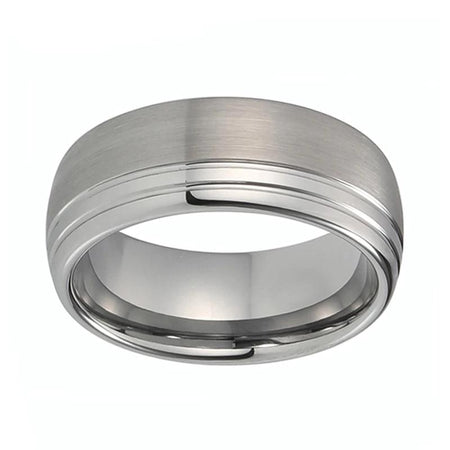 Silver Offset Grooved Tungsten Ring in Dome Design for Men and Women