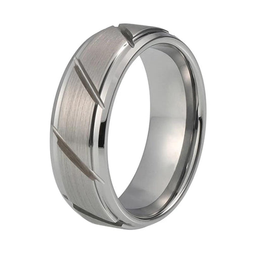 Silver Multi Grooved Tungsten Ring with Matte Brushed Finish