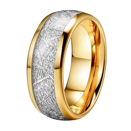 Yellow Gold Tungsten Ring with White Meteorite Inlay