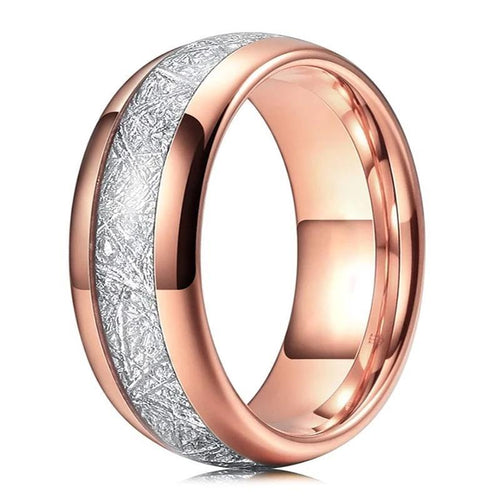 Rose Gold Tungsten Ring with White Meteorite Inlay