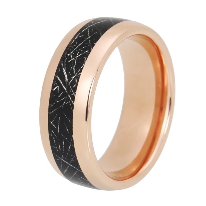 Rose Gold Tungsten Ring with Black Meteorite Inlay