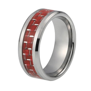 Silver Tungsten Ring with Red Carbon Fiber Inlay