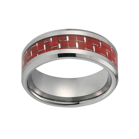 Silver Tungsten Ring with Red Carbon Fiber Inlay for Men and Women