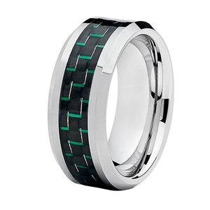 Silver Tungsten Ring with Green and Black Carbon Fiber Inlay