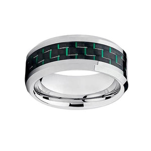 Silver Wedding Band with Green and Black Carbon Fiber Inlay