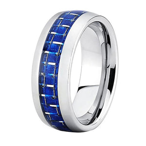 Silver Tungsten Ring with Blue Carbon Fiber Inlay